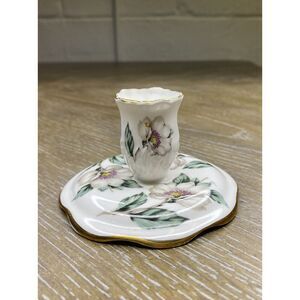 Staffordshire Candle‎ Holder Bone China White Flower Gold